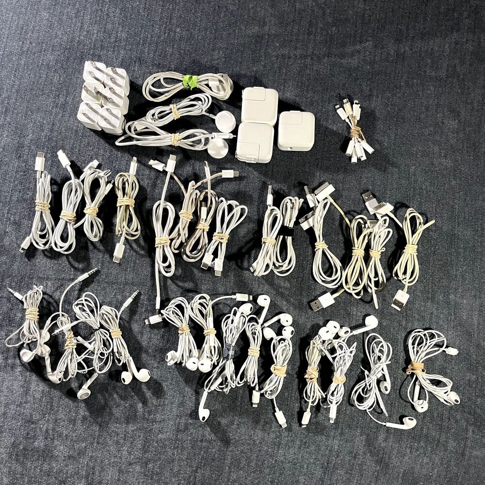 Lot Of 44 Apple Earphones Lightning 3.5mm USB-C Cables adapters Chargers.